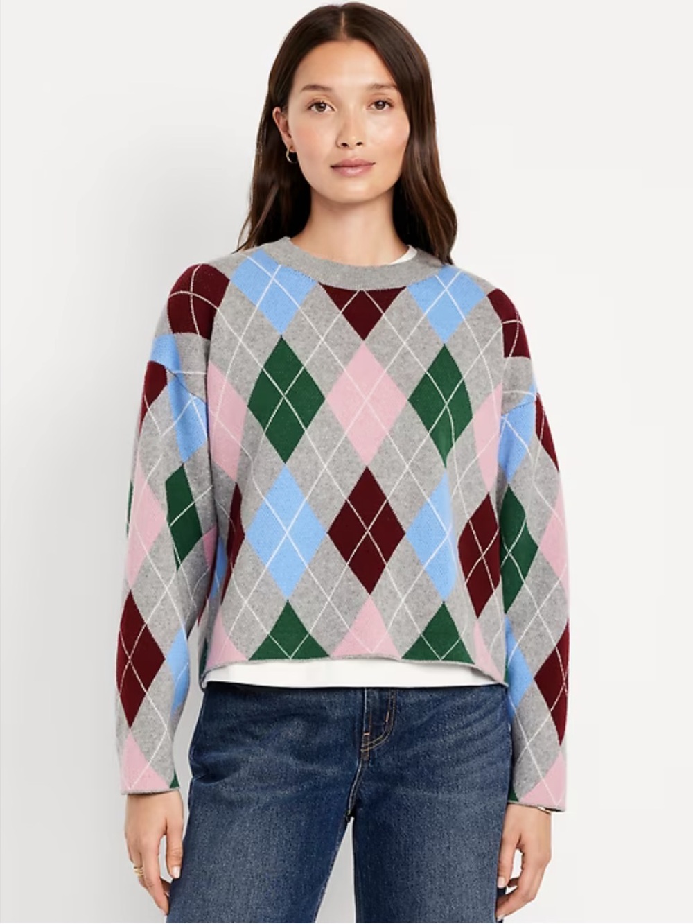 NWT Old Navy SoSoft Loose Cropped Argyle Sweater SZ L